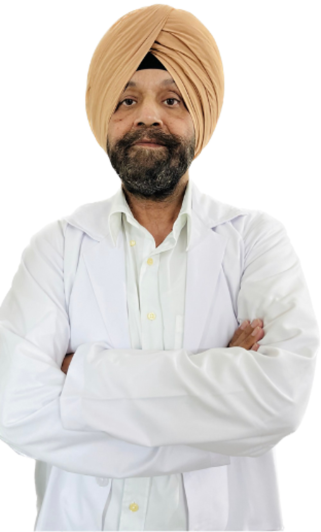 Dr. Tejinder Sidhu in a white coat with his arms crossed